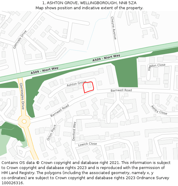 1, ASHTON GROVE, WELLINGBOROUGH, NN8 5ZA: Location map and indicative extent of plot