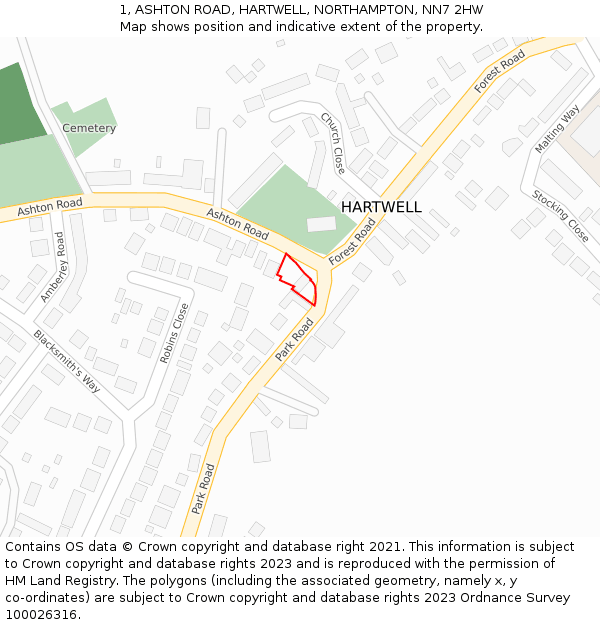 1, ASHTON ROAD, HARTWELL, NORTHAMPTON, NN7 2HW: Location map and indicative extent of plot