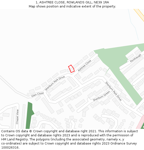 1, ASHTREE CLOSE, ROWLANDS GILL, NE39 1RA: Location map and indicative extent of plot