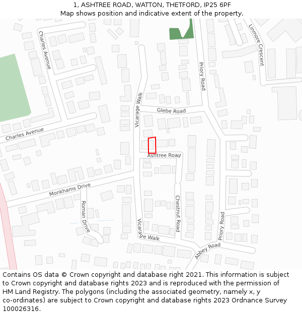 1, ASHTREE ROAD, WATTON, THETFORD, IP25 6PF: Location map and indicative extent of plot