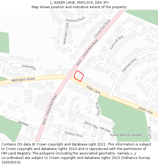 1, ASKER LANE, MATLOCK, DE4 3FY: Location map and indicative extent of plot