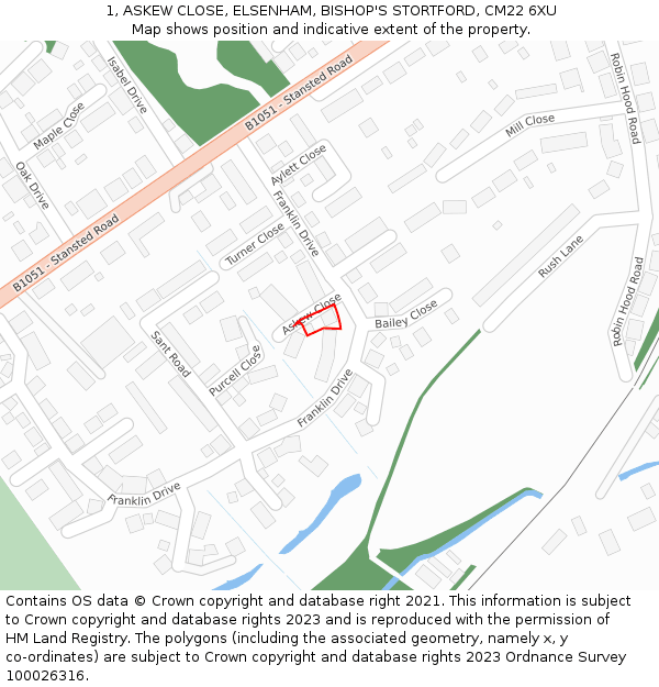 1, ASKEW CLOSE, ELSENHAM, BISHOP'S STORTFORD, CM22 6XU: Location map and indicative extent of plot