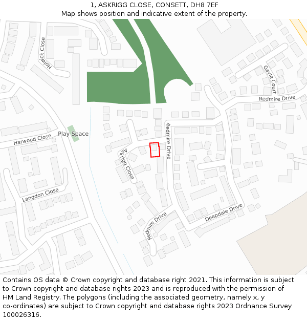 1, ASKRIGG CLOSE, CONSETT, DH8 7EF: Location map and indicative extent of plot