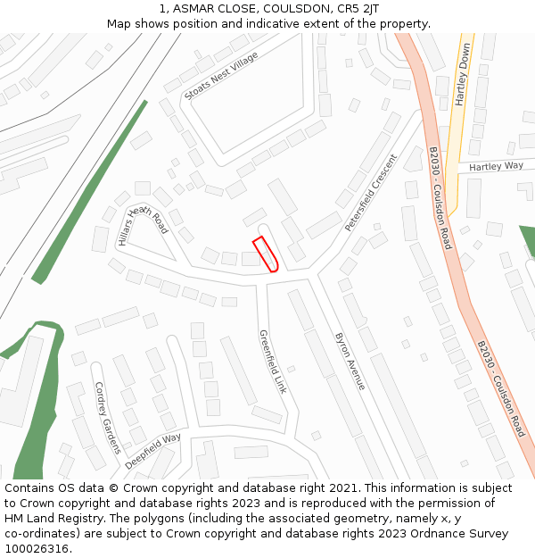 1, ASMAR CLOSE, COULSDON, CR5 2JT: Location map and indicative extent of plot