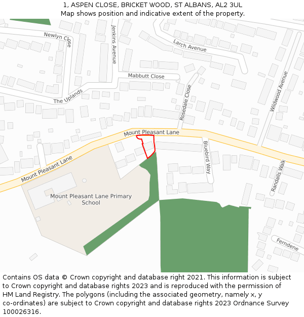 1, ASPEN CLOSE, BRICKET WOOD, ST ALBANS, AL2 3UL: Location map and indicative extent of plot