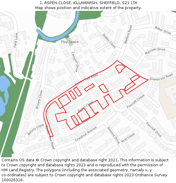 1, ASPEN CLOSE, KILLAMARSH, SHEFFIELD, S21 1TA: Location map and indicative extent of plot