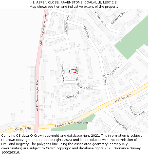 1, ASPEN CLOSE, RAVENSTONE, COALVILLE, LE67 2JS: Location map and indicative extent of plot