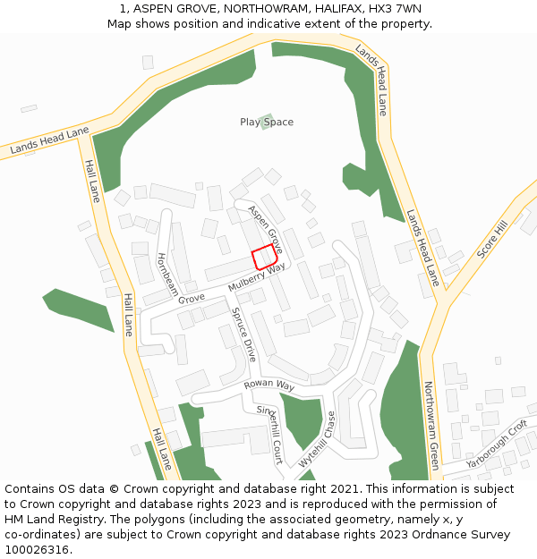 1, ASPEN GROVE, NORTHOWRAM, HALIFAX, HX3 7WN: Location map and indicative extent of plot