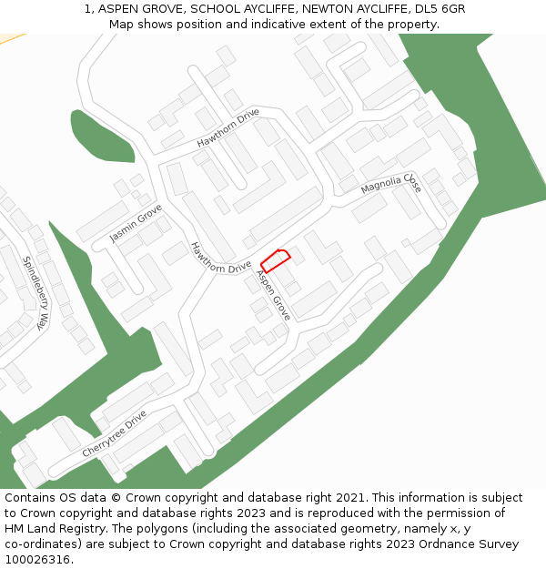 1, ASPEN GROVE, SCHOOL AYCLIFFE, NEWTON AYCLIFFE, DL5 6GR: Location map and indicative extent of plot