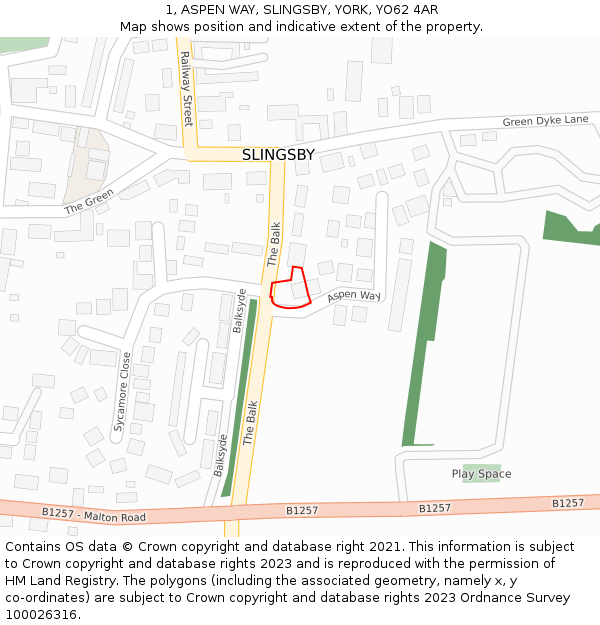 1, ASPEN WAY, SLINGSBY, YORK, YO62 4AR: Location map and indicative extent of plot