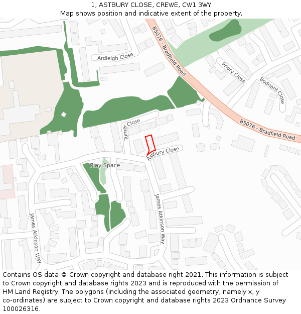 1, ASTBURY CLOSE, CREWE, CW1 3WY: Location map and indicative extent of plot