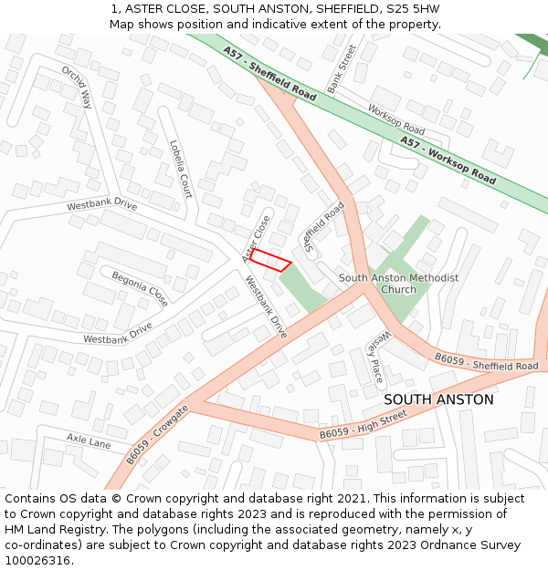 1, ASTER CLOSE, SOUTH ANSTON, SHEFFIELD, S25 5HW: Location map and indicative extent of plot