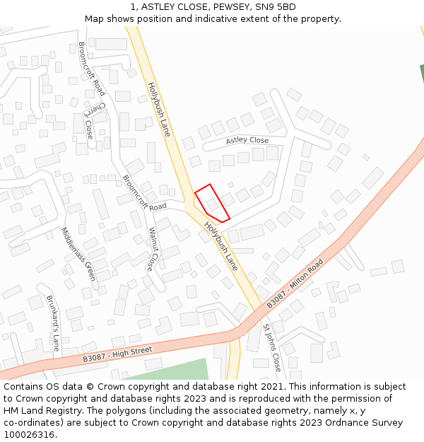 1, ASTLEY CLOSE, PEWSEY, SN9 5BD: Location map and indicative extent of plot