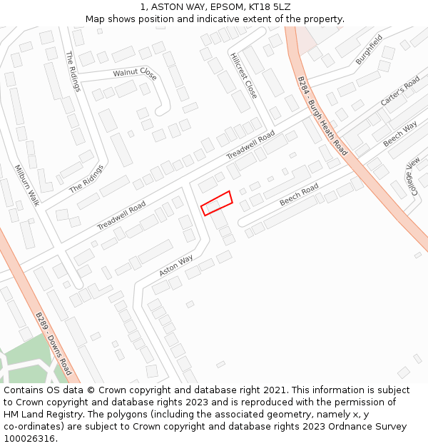 1, ASTON WAY, EPSOM, KT18 5LZ: Location map and indicative extent of plot