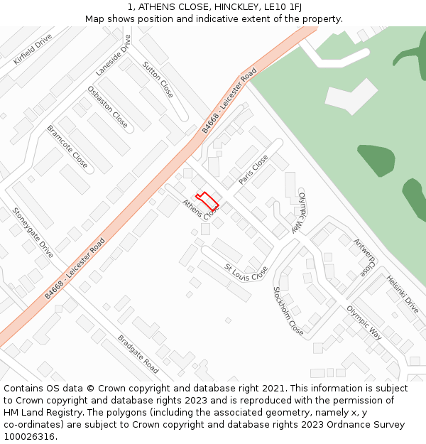 1, ATHENS CLOSE, HINCKLEY, LE10 1FJ: Location map and indicative extent of plot