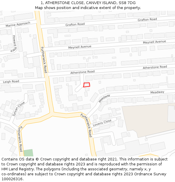1, ATHERSTONE CLOSE, CANVEY ISLAND, SS8 7DG: Location map and indicative extent of plot
