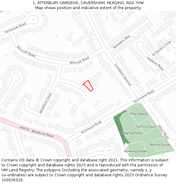 1, ATTERBURY GARDENS, CAVERSHAM, READING, RG4 7HW: Location map and indicative extent of plot