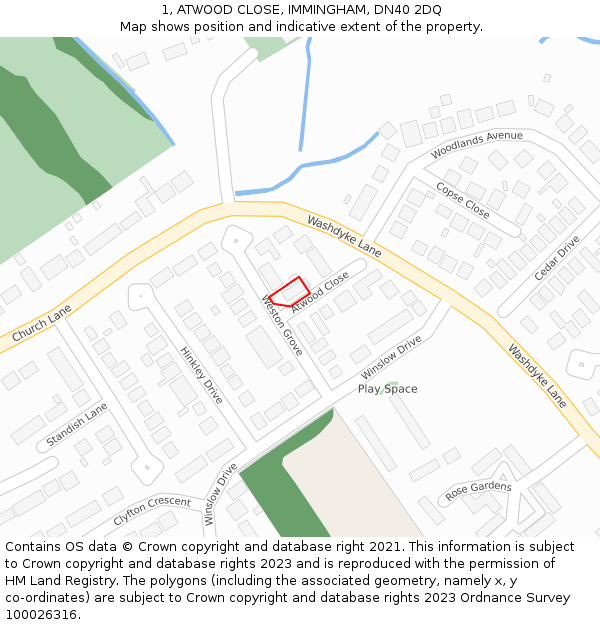 1, ATWOOD CLOSE, IMMINGHAM, DN40 2DQ: Location map and indicative extent of plot