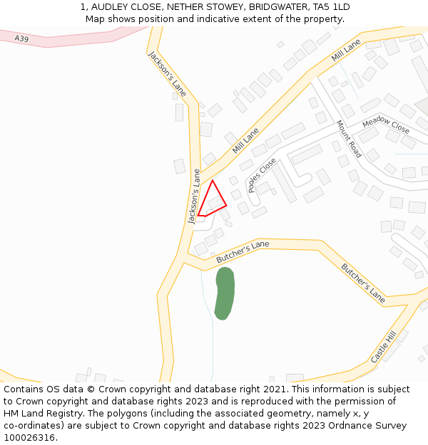 1, AUDLEY CLOSE, NETHER STOWEY, BRIDGWATER, TA5 1LD: Location map and indicative extent of plot