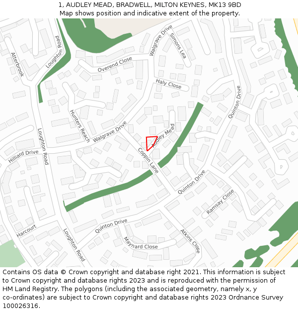 1, AUDLEY MEAD, BRADWELL, MILTON KEYNES, MK13 9BD: Location map and indicative extent of plot