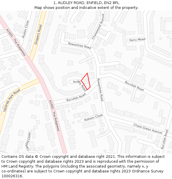 1, AUDLEY ROAD, ENFIELD, EN2 8PL: Location map and indicative extent of plot