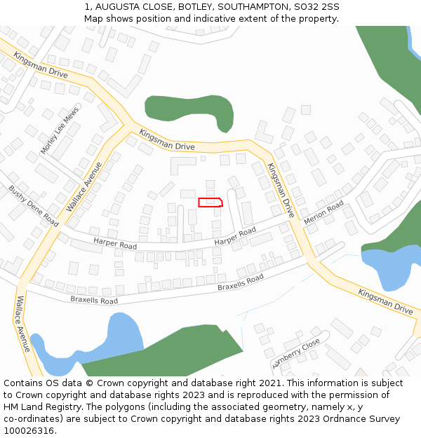 1, AUGUSTA CLOSE, BOTLEY, SOUTHAMPTON, SO32 2SS: Location map and indicative extent of plot
