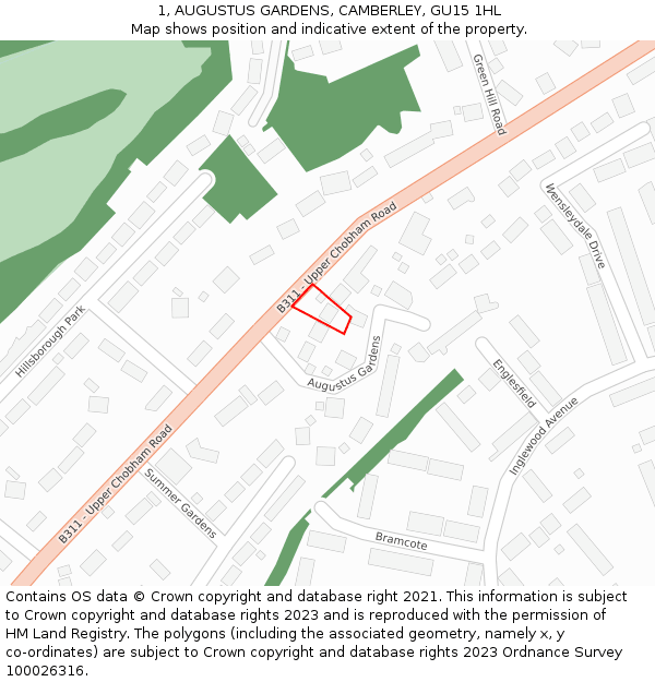 1, AUGUSTUS GARDENS, CAMBERLEY, GU15 1HL: Location map and indicative extent of plot