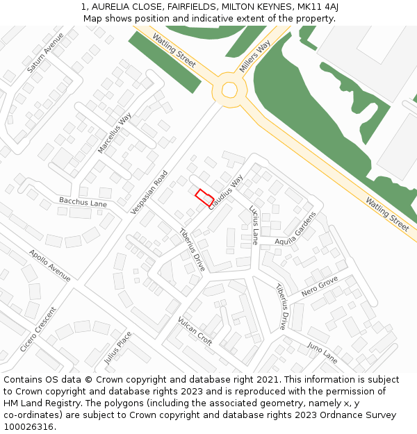 1, AURELIA CLOSE, FAIRFIELDS, MILTON KEYNES, MK11 4AJ: Location map and indicative extent of plot