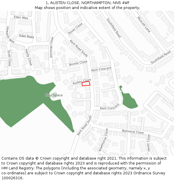 1, AUSTEN CLOSE, NORTHAMPTON, NN5 4WF: Location map and indicative extent of plot