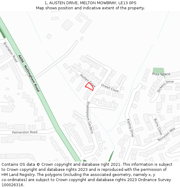1, AUSTEN DRIVE, MELTON MOWBRAY, LE13 0PS: Location map and indicative extent of plot