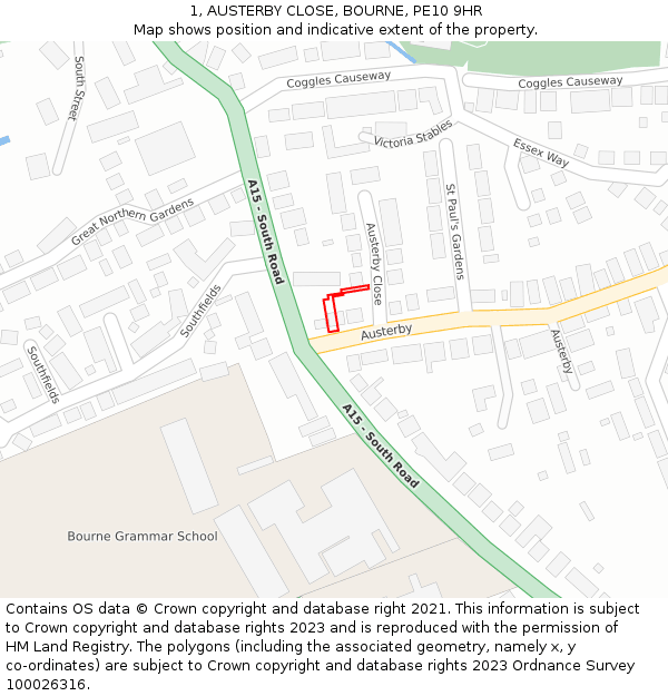 1, AUSTERBY CLOSE, BOURNE, PE10 9HR: Location map and indicative extent of plot