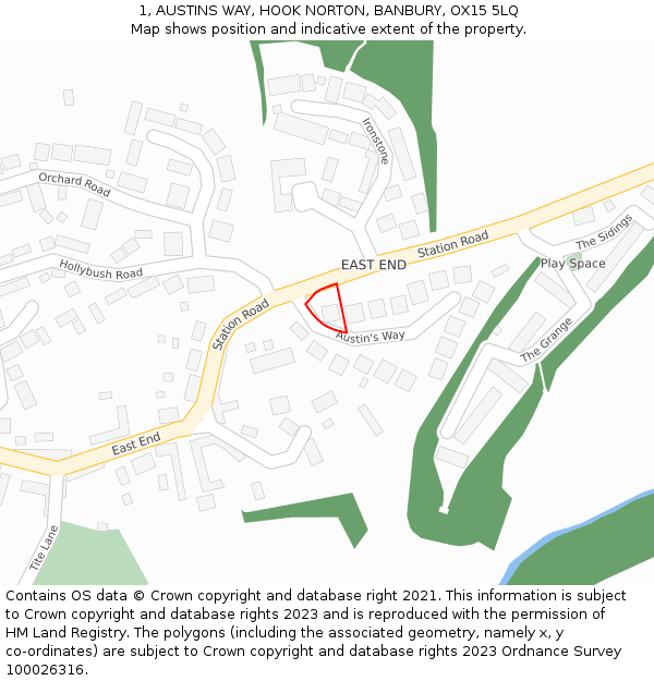 1, AUSTINS WAY, HOOK NORTON, BANBURY, OX15 5LQ: Location map and indicative extent of plot