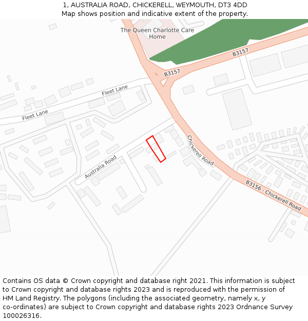 1, AUSTRALIA ROAD, CHICKERELL, WEYMOUTH, DT3 4DD: Location map and indicative extent of plot