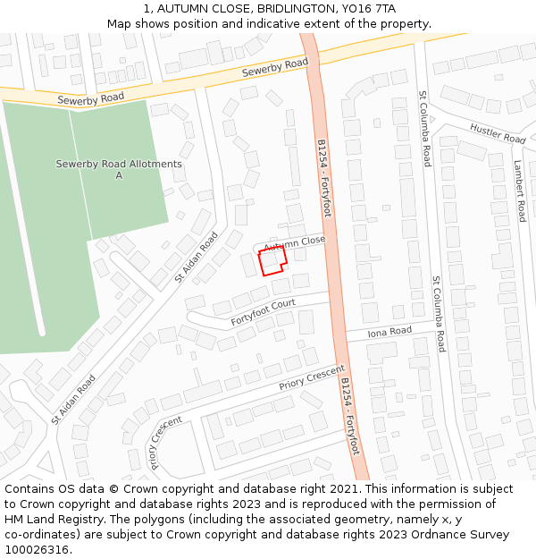 1, AUTUMN CLOSE, BRIDLINGTON, YO16 7TA: Location map and indicative extent of plot