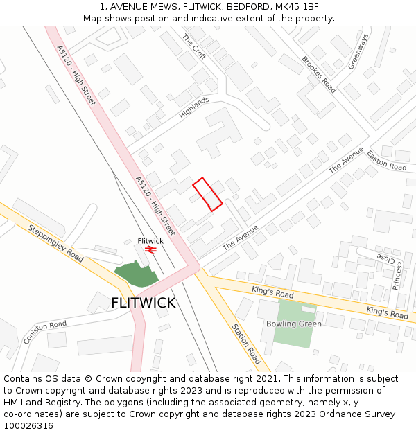 1, AVENUE MEWS, FLITWICK, BEDFORD, MK45 1BF: Location map and indicative extent of plot