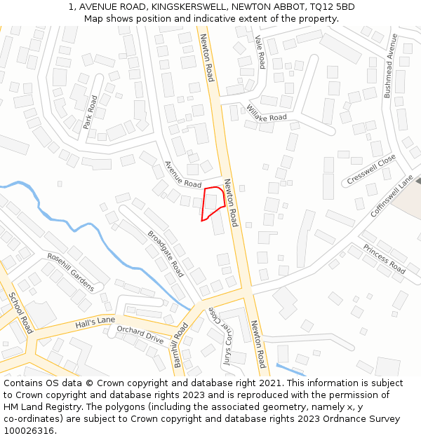 1, AVENUE ROAD, KINGSKERSWELL, NEWTON ABBOT, TQ12 5BD: Location map and indicative extent of plot