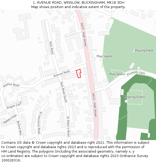 1, AVENUE ROAD, WINSLOW, BUCKINGHAM, MK18 3DH: Location map and indicative extent of plot