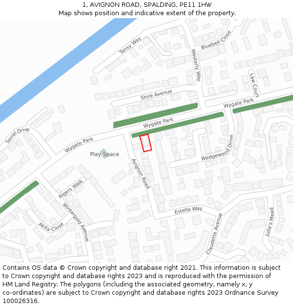 1, AVIGNON ROAD, SPALDING, PE11 1HW: Location map and indicative extent of plot