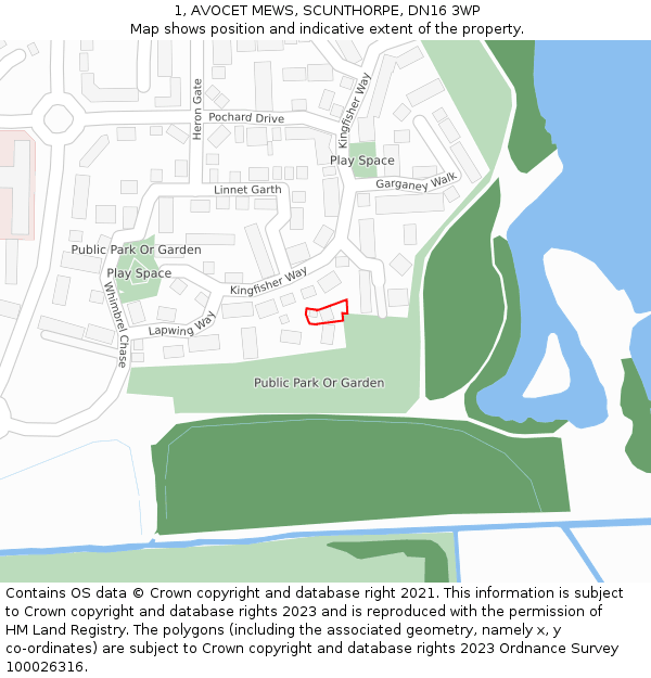 1, AVOCET MEWS, SCUNTHORPE, DN16 3WP: Location map and indicative extent of plot