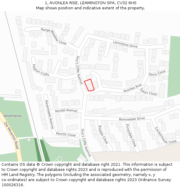 1, AVONLEA RISE, LEAMINGTON SPA, CV32 6HS: Location map and indicative extent of plot