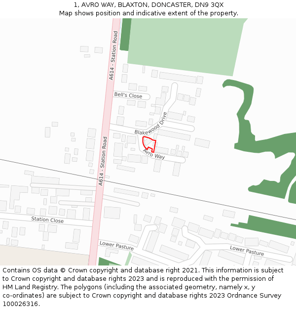 1, AVRO WAY, BLAXTON, DONCASTER, DN9 3QX: Location map and indicative extent of plot