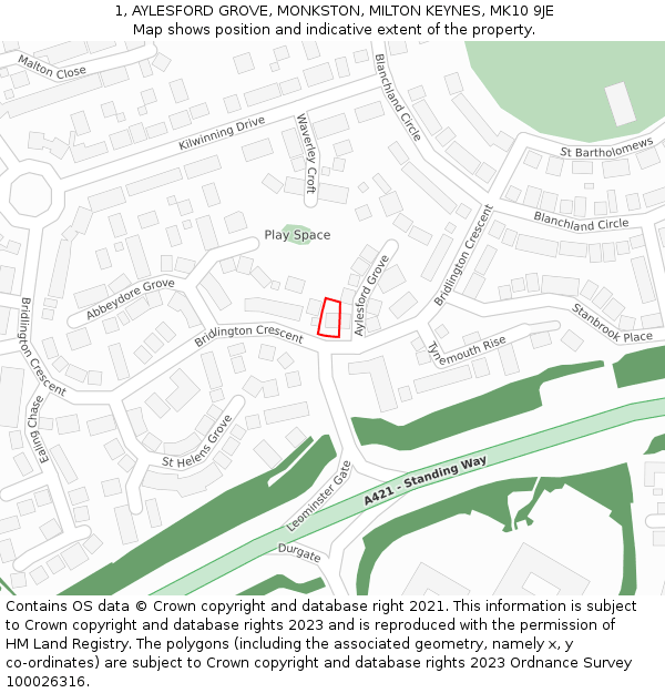 1, AYLESFORD GROVE, MONKSTON, MILTON KEYNES, MK10 9JE: Location map and indicative extent of plot