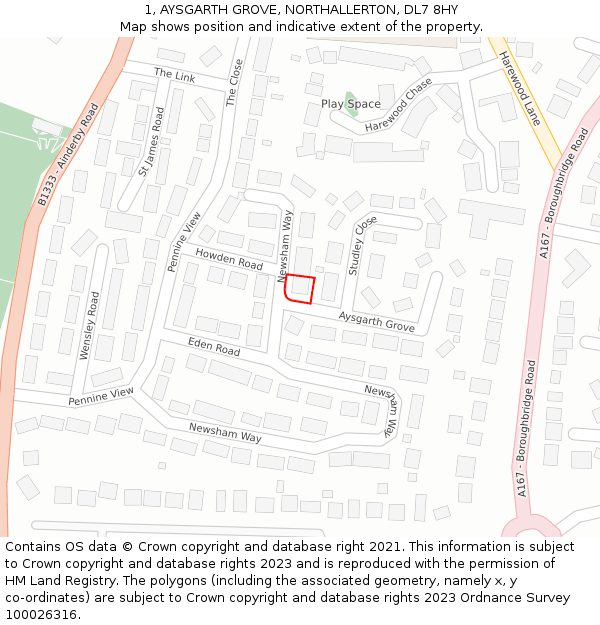 1, AYSGARTH GROVE, NORTHALLERTON, DL7 8HY: Location map and indicative extent of plot
