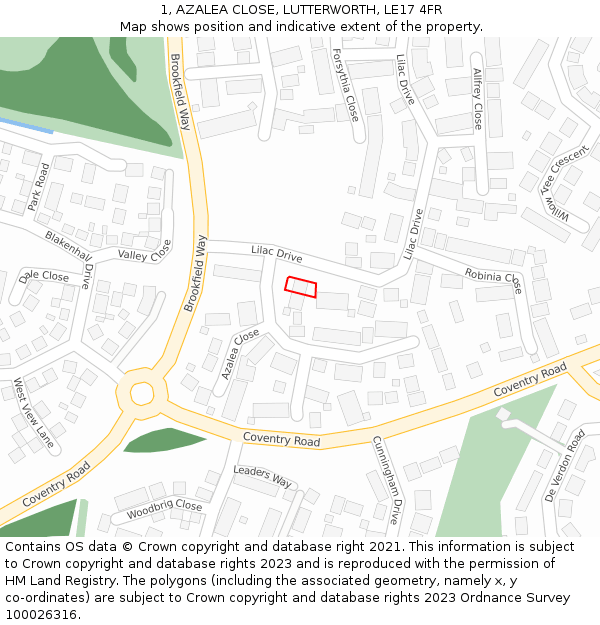 1, AZALEA CLOSE, LUTTERWORTH, LE17 4FR: Location map and indicative extent of plot