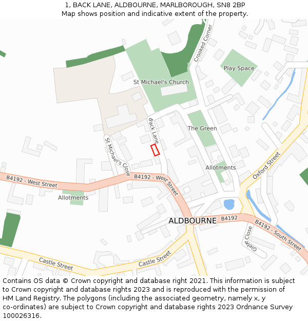 1, BACK LANE, ALDBOURNE, MARLBOROUGH, SN8 2BP: Location map and indicative extent of plot