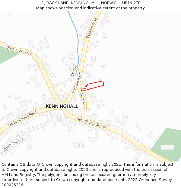 1, BACK LANE, KENNINGHALL, NORWICH, NR16 2EE: Location map and indicative extent of plot