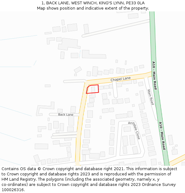 1, BACK LANE, WEST WINCH, KING'S LYNN, PE33 0LA: Location map and indicative extent of plot