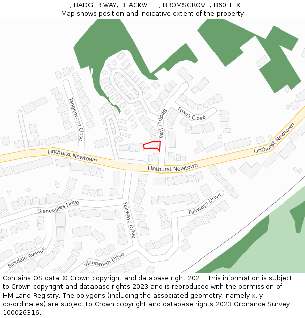 1, BADGER WAY, BLACKWELL, BROMSGROVE, B60 1EX: Location map and indicative extent of plot
