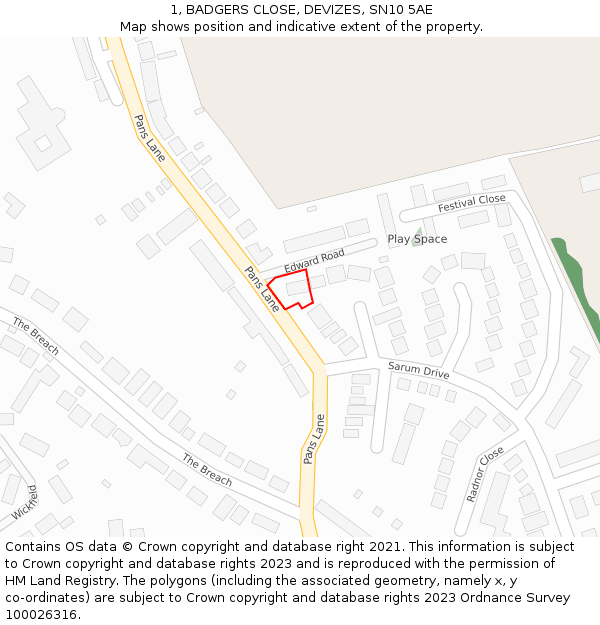 1, BADGERS CLOSE, DEVIZES, SN10 5AE: Location map and indicative extent of plot