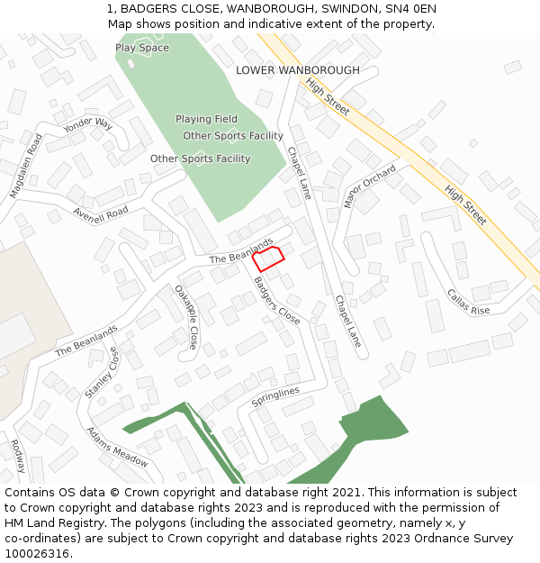 1, BADGERS CLOSE, WANBOROUGH, SWINDON, SN4 0EN: Location map and indicative extent of plot